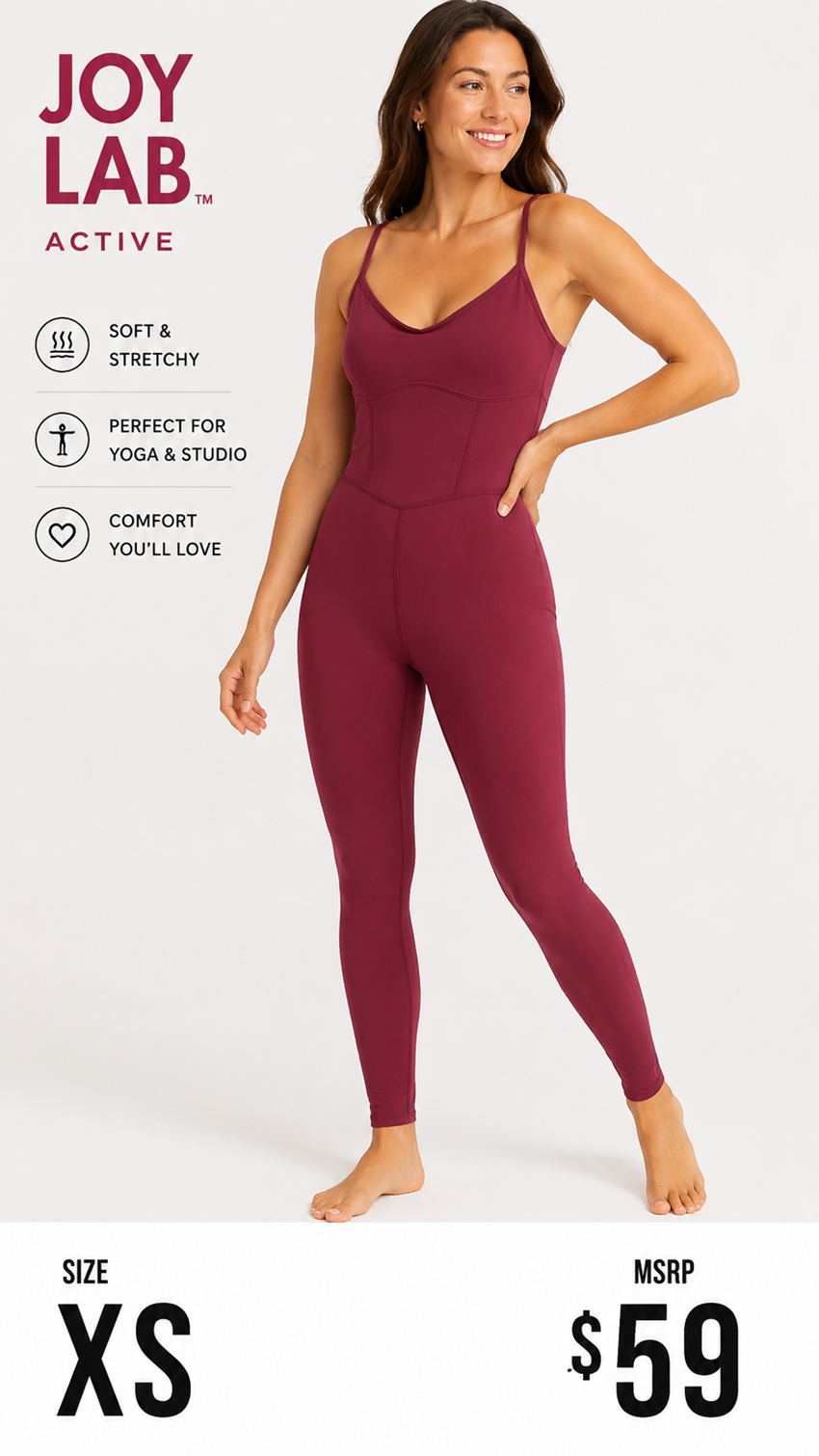 3 11 JoyLab XS Active Jumpsuit Berry Rose Spaghetti Strap One-Piece Workout Jumpsuit Yoga Fitness Athleisure