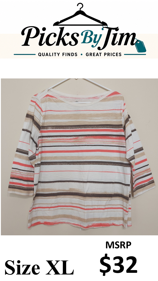 7 09 St Johns Bay Size XL Striped Cotton Three Quarter Sleeve Top