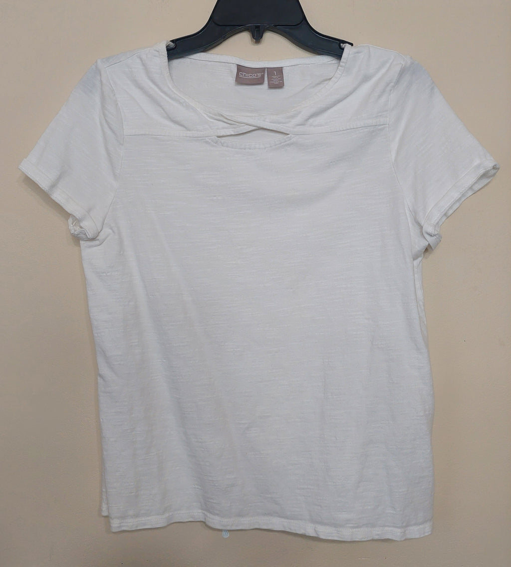 8 09 Chico's Size 1 White Cross Neck Short Sleeve Slub Knit Top Casual