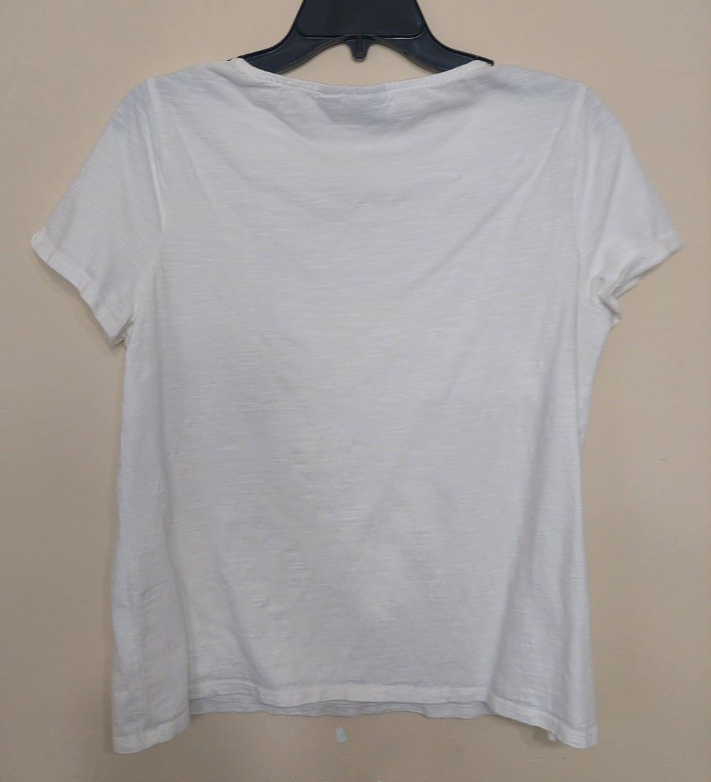 8 09 Chico's Size 1 White Cross Neck Short Sleeve Slub Knit Top Casual