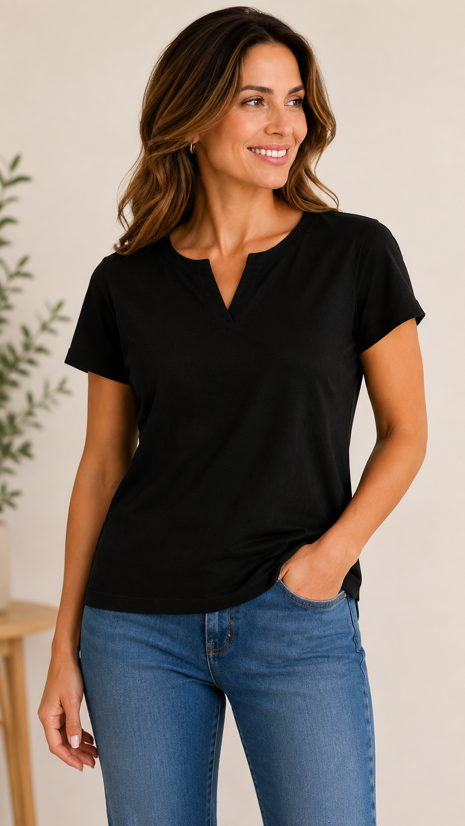 9-09 J.Jill Size Medium Black Simply Supima Cotton V-Neck 3/4 Sleeve Tunic Top