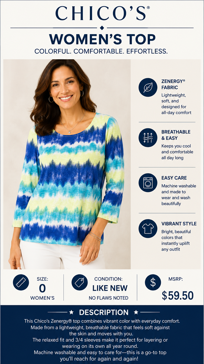2 21 Chicos Top Blue Yellow Size 0