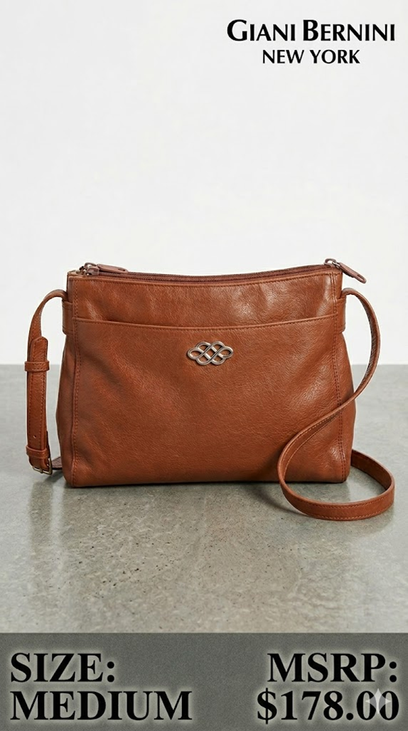 5 09 Giani Bernini Cognac Leather Double Zip Crossbody Purse Medium