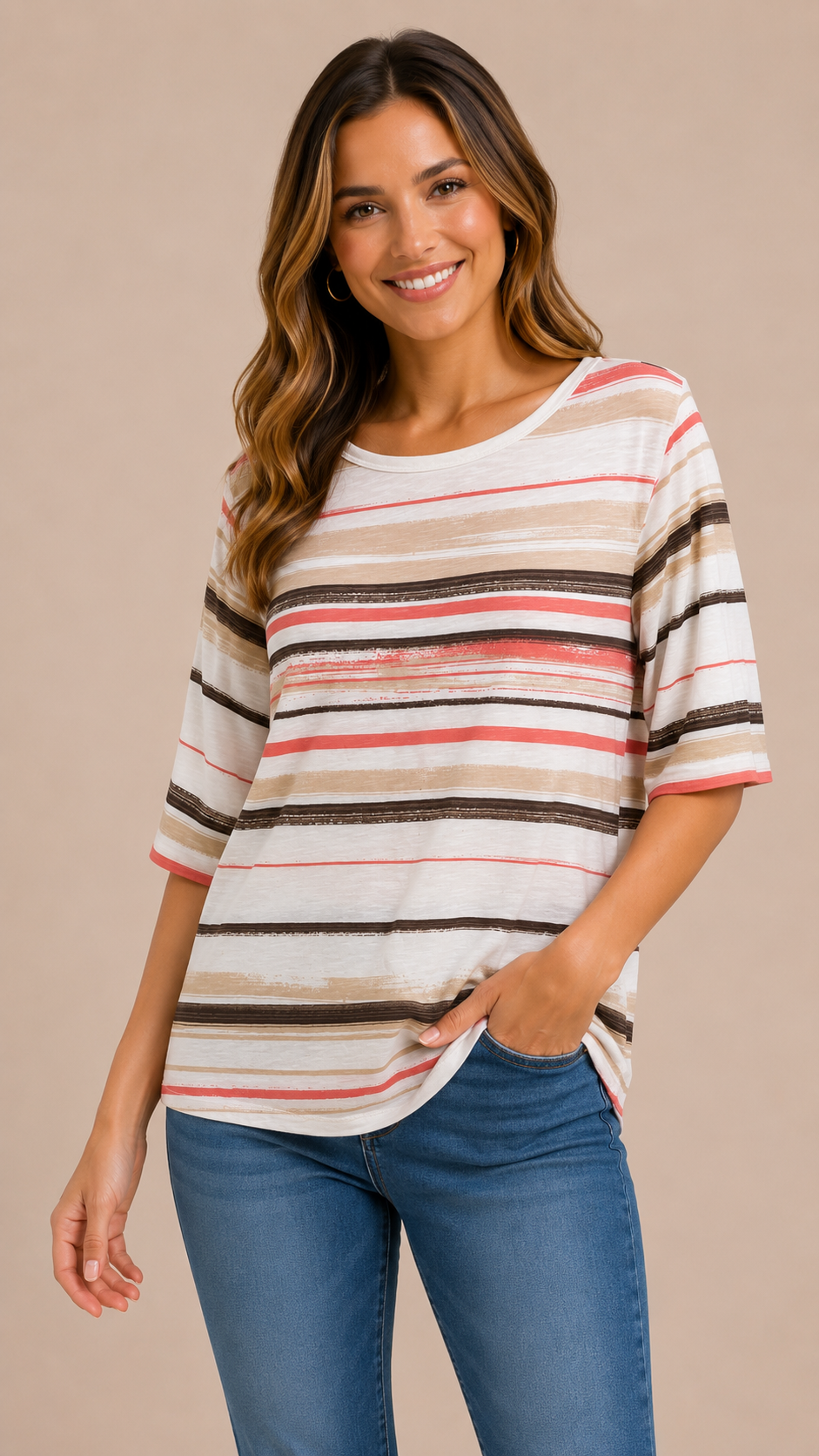 7 09 St Johns Bay Size XL Striped Cotton Three Quarter Sleeve Top